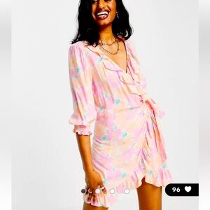 NEW Topshop Washed Neon Floral Mini Wrap Dress Women’s Size 8 Ruffly Nordstrom